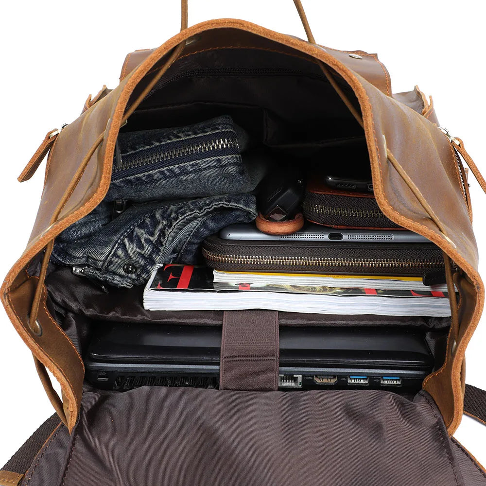 Mochila Masculina Vintage de Couro Genuíno para Laptop – Modelo Herança