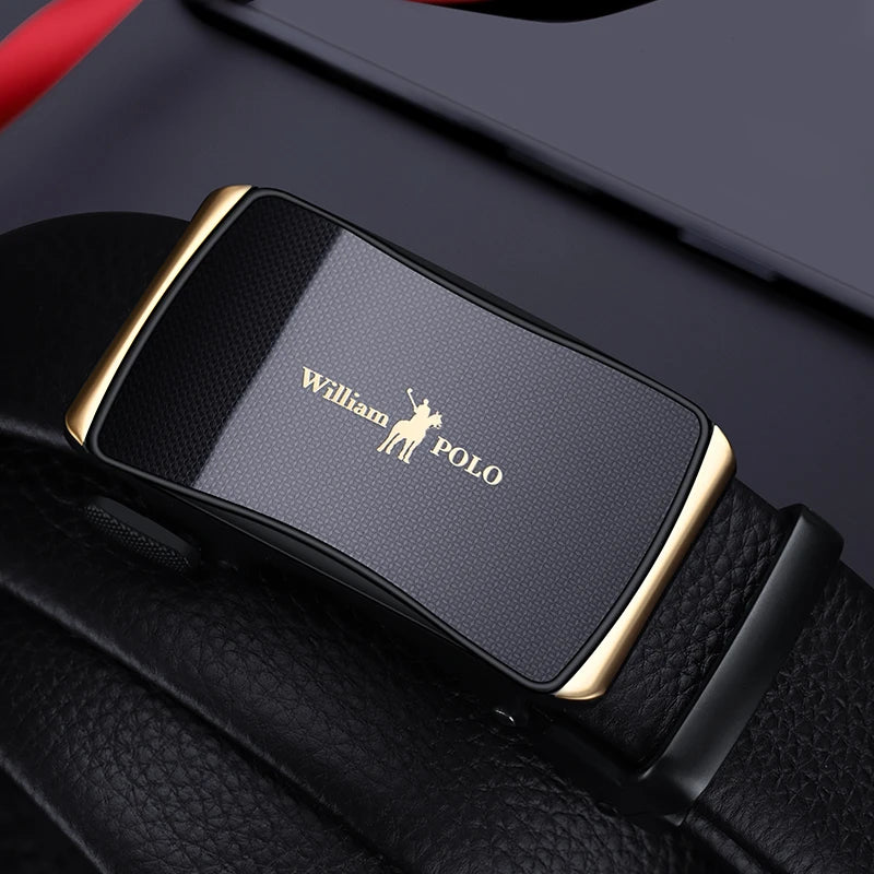 Cinto Masculino de Couro Cowhide Autêntico William Polo com Fivela Automática!