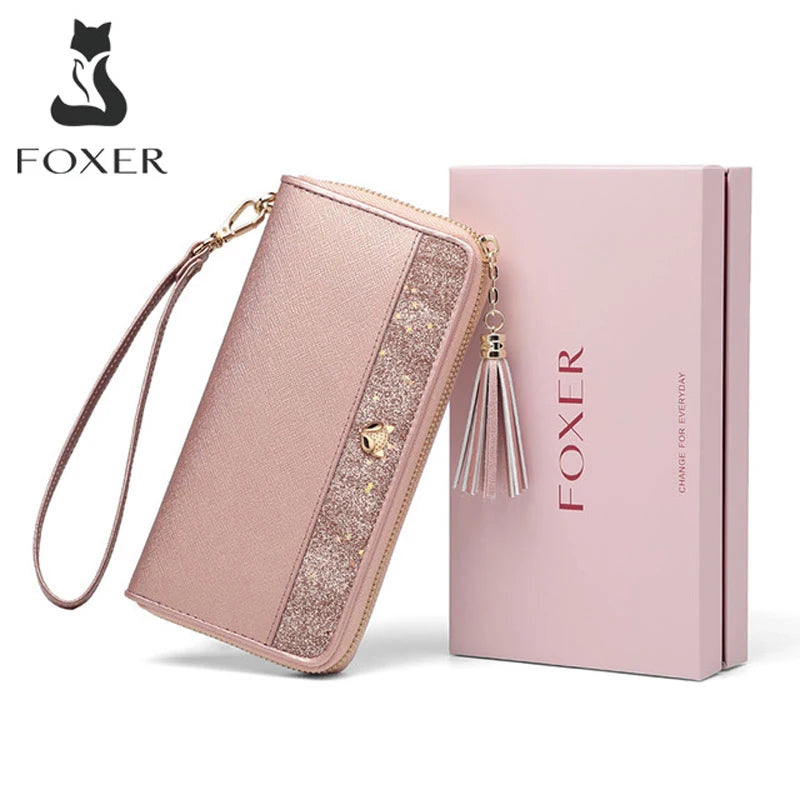 Carteira Feminina Foxer de Couro Bifold Brilhante – Modelo Long