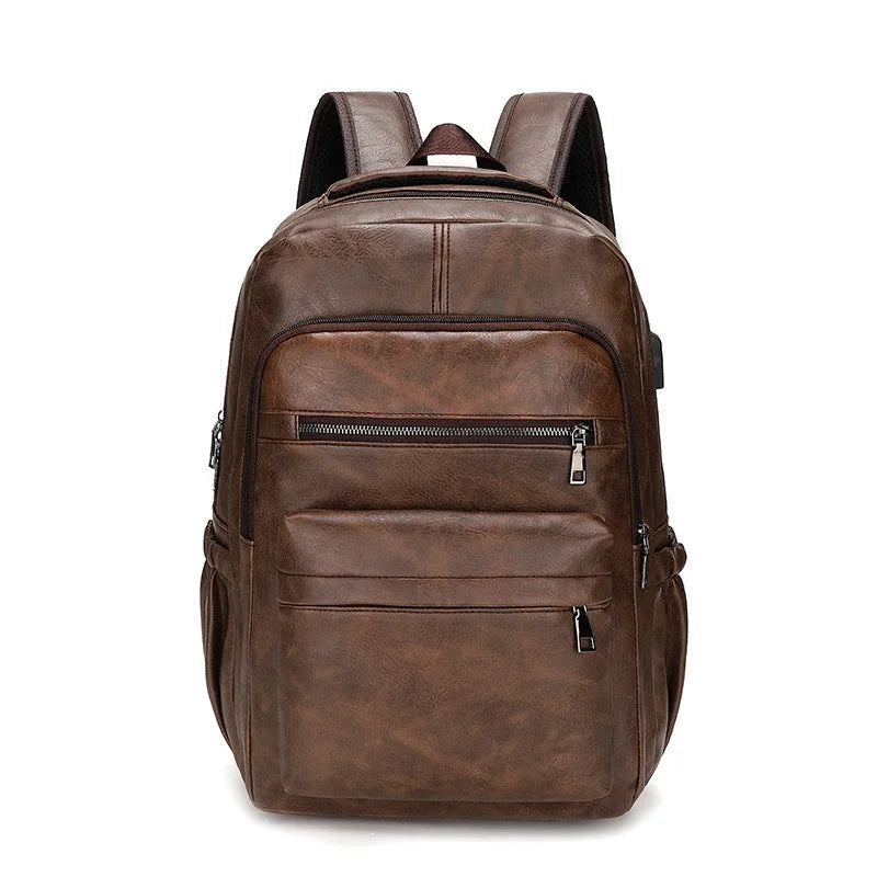 Mochila Masculina de Couro Legítimo Impermeável com Carregamento USB