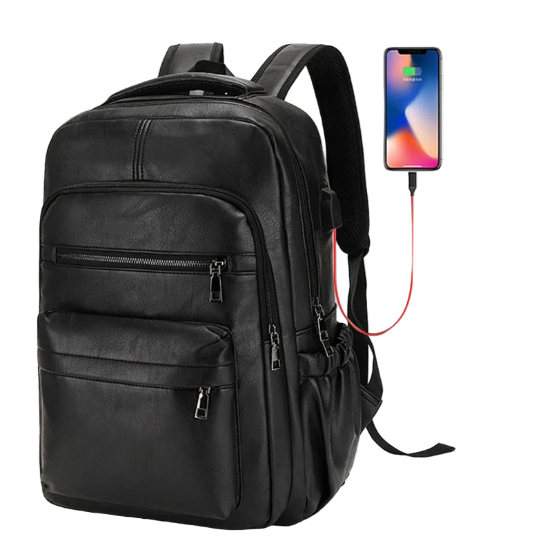 Mochila Masculina de Couro Legítimo Impermeável com Carregamento USB