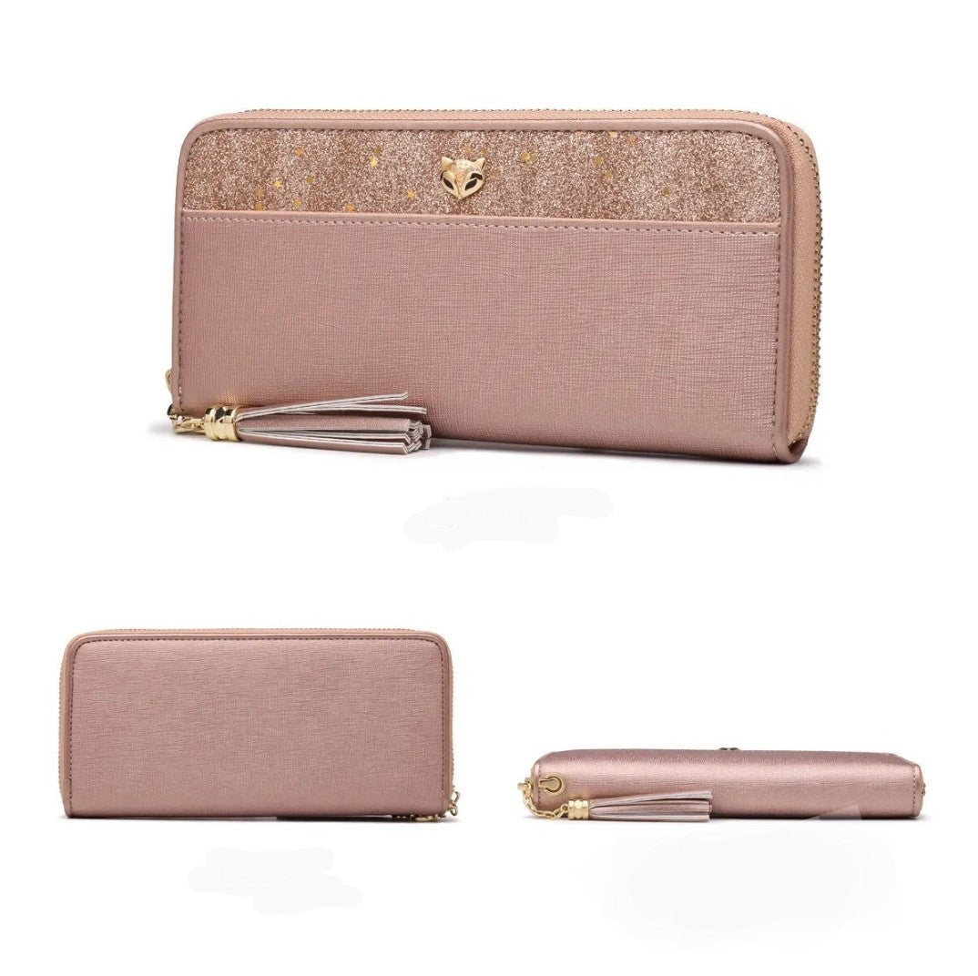 Carteira Feminina Foxer de Couro Bifold Brilhante – Modelo Long