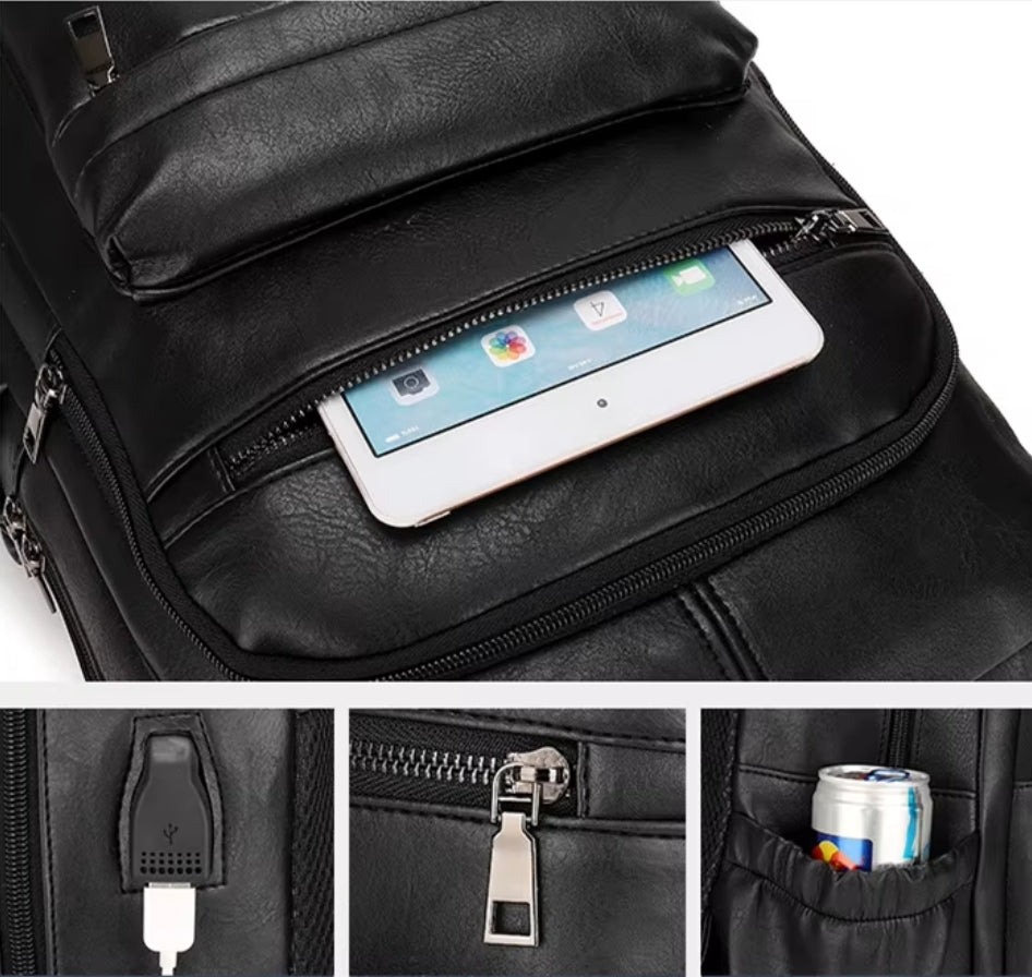 Mochila Masculina de Couro Legítimo Impermeável com Carregamento USB
