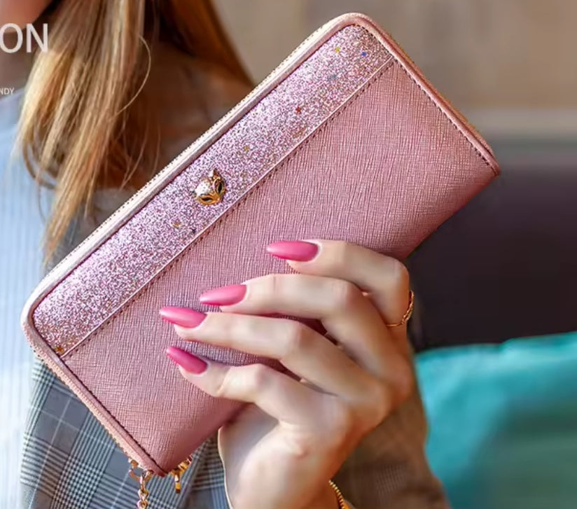 Carteira Feminina Foxer de Couro Bifold Brilhante – Modelo Long