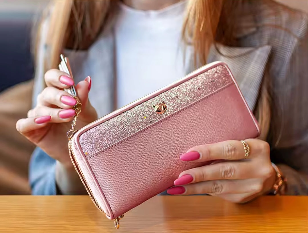 Carteira Feminina Foxer de Couro Bifold Brilhante – Modelo Long