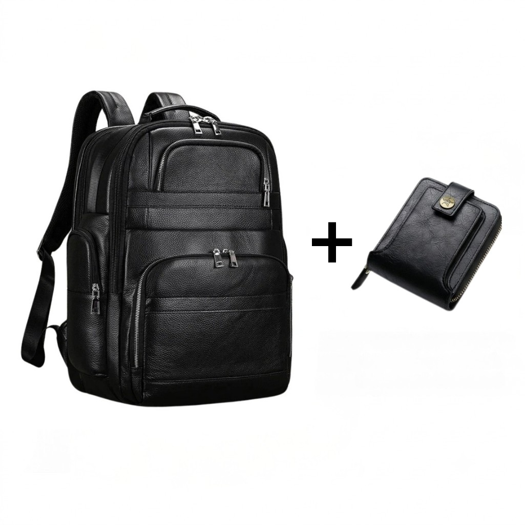 Mochila Masculina de Couro Genuíno All Black – Linha Prime