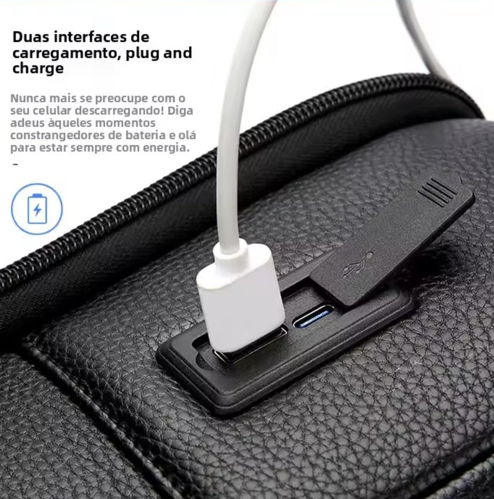 Mochila de Couro Legítimo Impermeável para Notebook