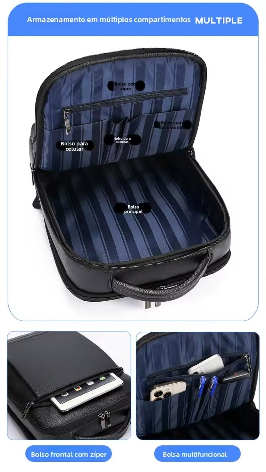 Mochila de Couro Legítimo Impermeável para Notebook