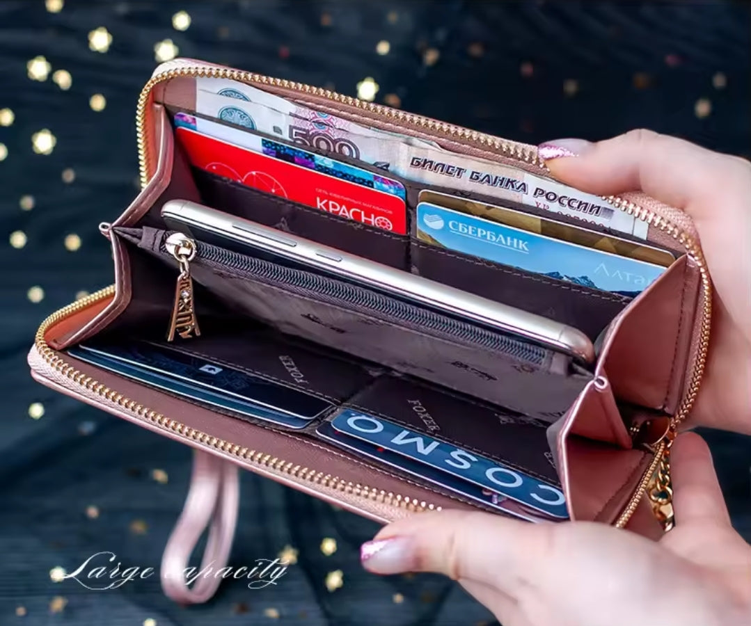 Carteira Feminina Foxer de Couro Bifold Brilhante – Modelo Long