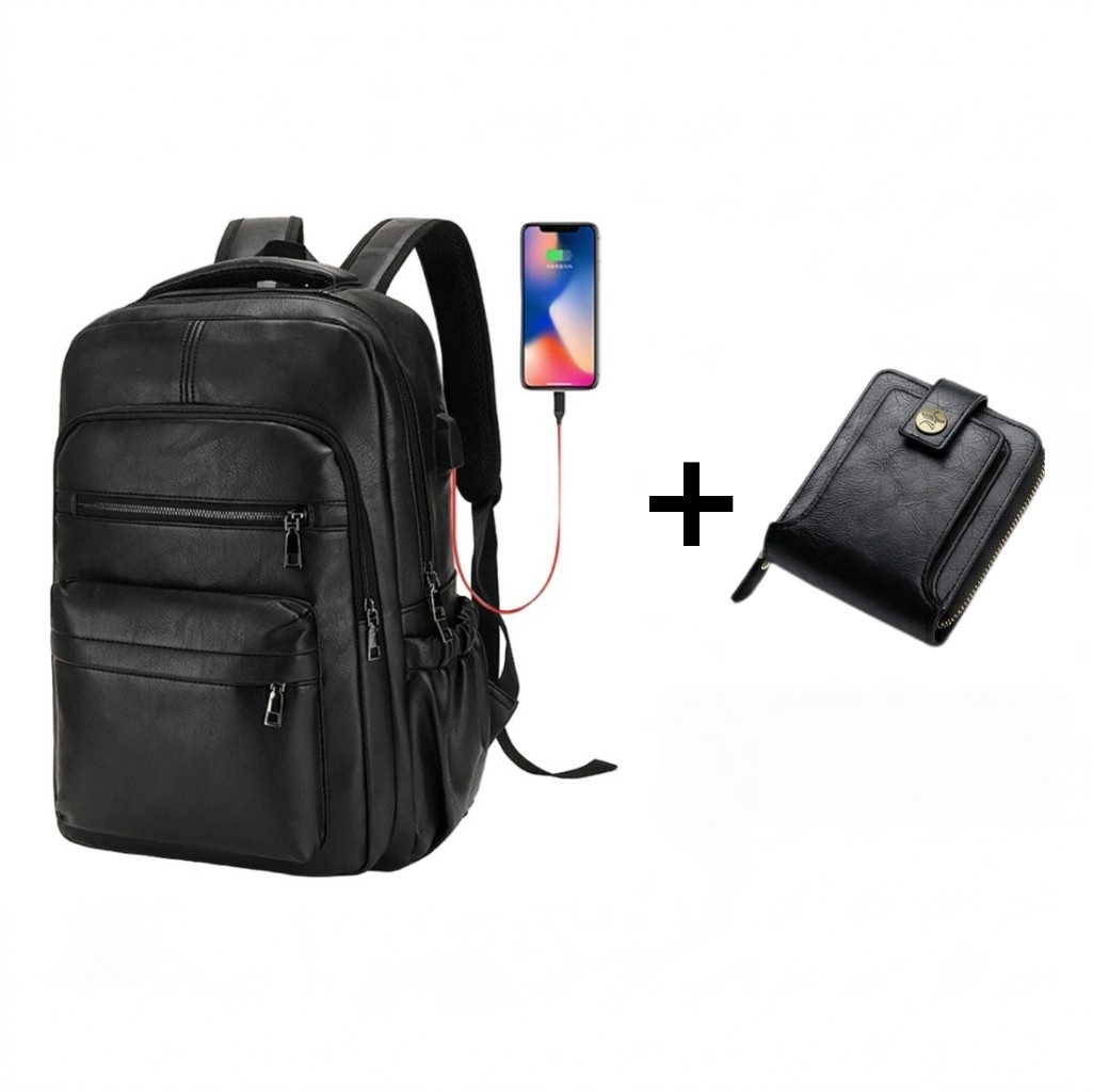 Mochila Masculina de Couro Impermeável com Carregamento USB