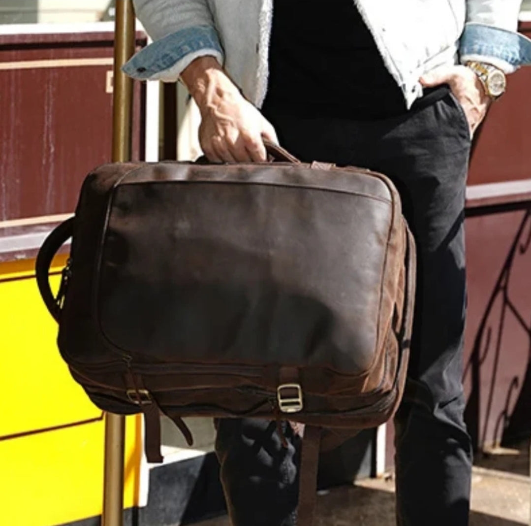 Mochila de Couro Executiva Expansível de Viagem