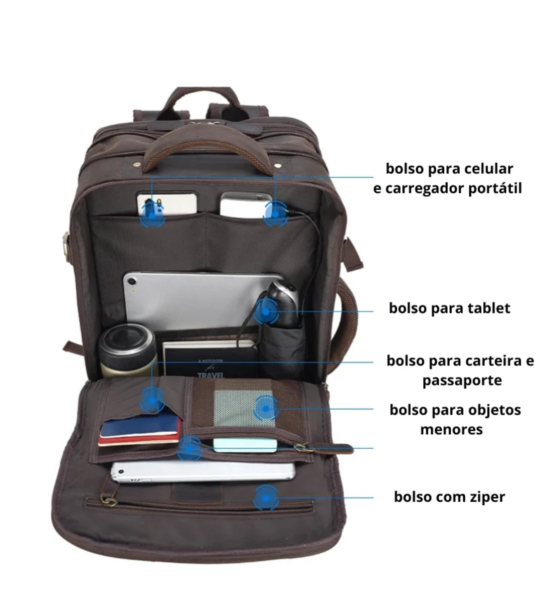 Mochila de Couro Executiva Expansível de Viagem