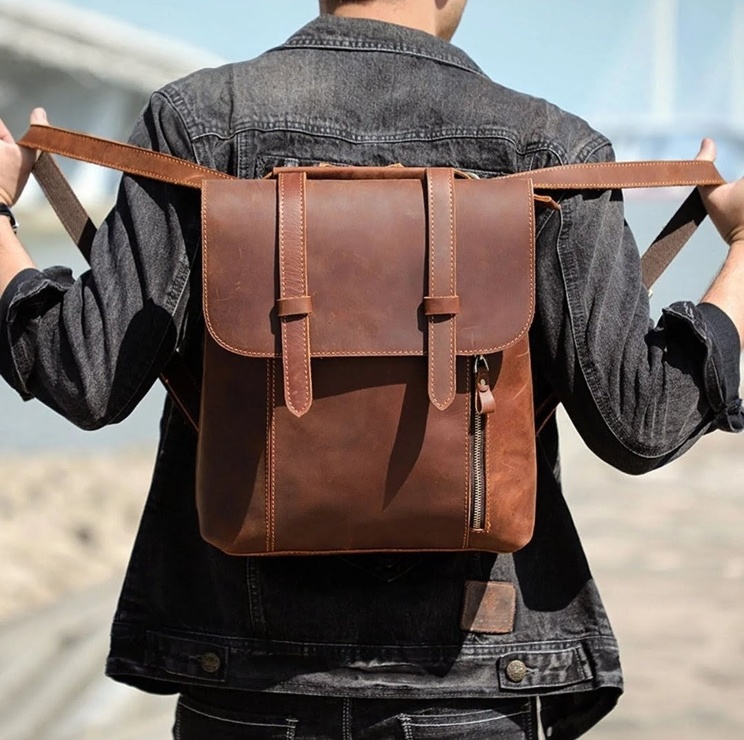 Mochila de Couro Genuíno Vintage Slim