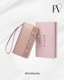 Carteira Feminina Foxer de Couro Bifold Brilhante – Modelo Long